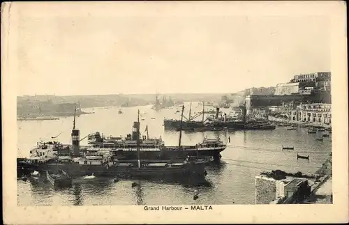 Ak Malta, Grand Harbour, Hafen, Dampfer