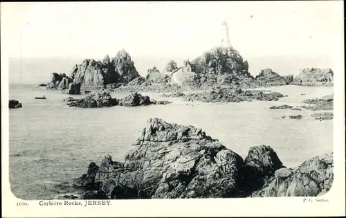Ak St. Brelade Kanalinsel Jersey, Leuchtturm La Corbiere, Felsen