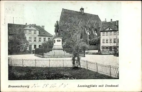 Ak Braunschweig in Niedersachsen, Lessingplatz, Lessingdenkmal