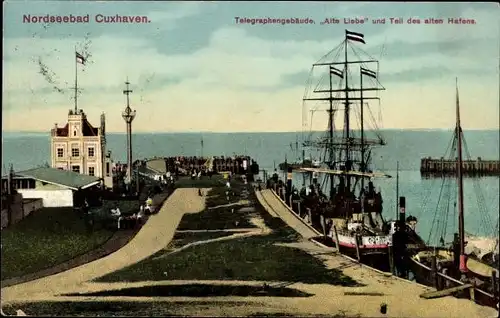 Ak Nordseebad Cuxhaven, Telegraphengebäude, Alte Liebe und Teil des alten Hafens