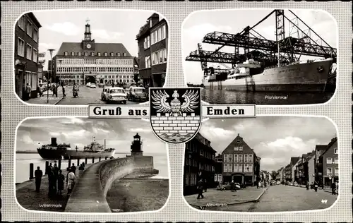Ak Emden in Ostfriesland, Wappen, Kohlenkai, Westmole, Neutorstraße, Rathaus