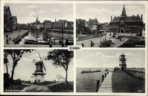 Ak Emden in Ostfriesland, Rathaus-Delft, Rathaus, Mühle Wallanlage, Mole, Cafe Konditorei