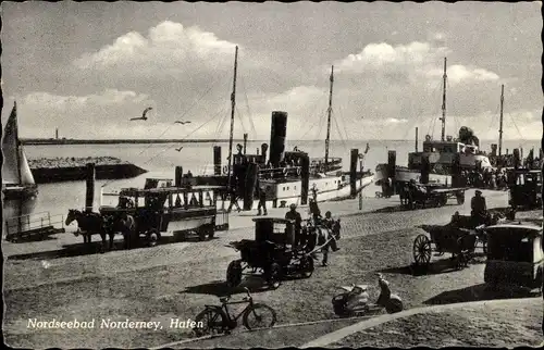 Ak Nordseebad Norderney Ostfriesland, Hafen, Dampfer, Pferdekutschen