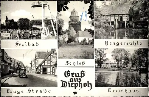 Ak Diepholz in Niedersachsen, Freibad, Hengemühle, Kreishaus, Schloss, Lange Straße