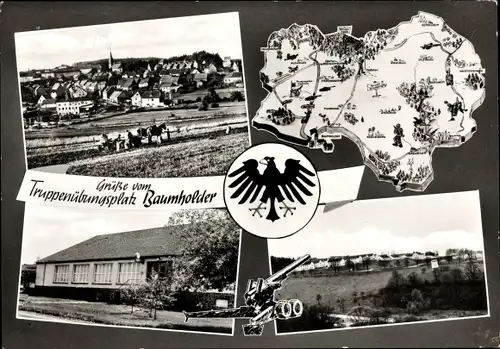 Ak Baumholder Rheinland Pfalz, Ortsansicht, Truppenübungsplatz, Landkarte, Wappen