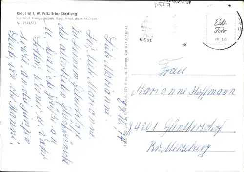 Ak Kreuztal in Westfalen, Fritz Erler Siedlung, Luftbild