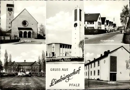 Ak Limburgerhof Rheinland Pfalz, kath. Kirche, evg. Kirche, Schule, Gasthaus der BASF