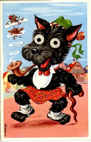 Mechanische Künstler Ak Schwarzer Hund mit Pfeife, Tracht, Gehstock