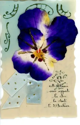 Zelluloid Glitzer Ak Stiefmütterchen aus Stoff, Schleife