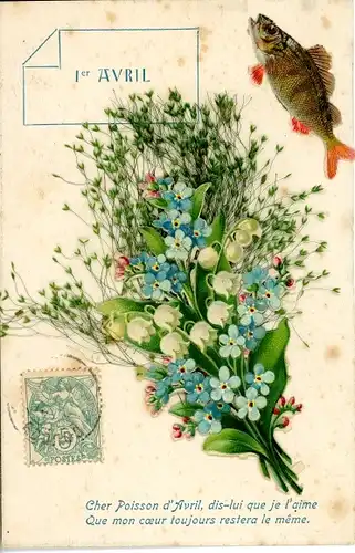 Stoff Ak Glückwunsch 1. April, Blumenstrauß, Maiglöckchen, Vergissmeinnicht, Fisch