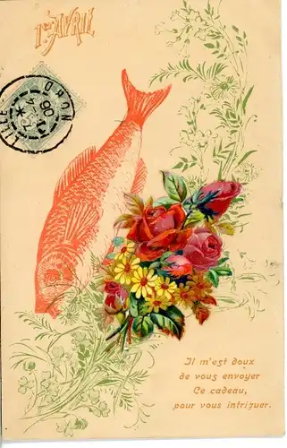 Ak Glückwunsch 1. April, Fisch, Blumenstrauß, Rosen