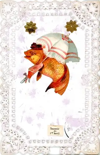 Ak Glückwunsch 1. April, Fisch, Sonnenschirm, Blumen