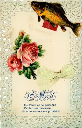 Stoff Ak Glückwunsch 1. April, Rosen, Fisch, Schleife aus Seide