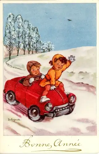 Glitzer Künstler Ak Lagarde, I., Glückwunsch Neujahr, Kinder im roten Auto