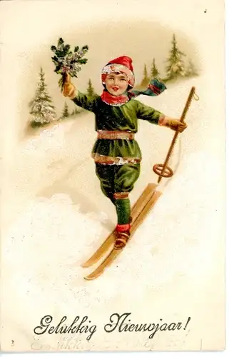 Ak Glückwunsch Neujahr, Kind fährt Ski, Stechpalme