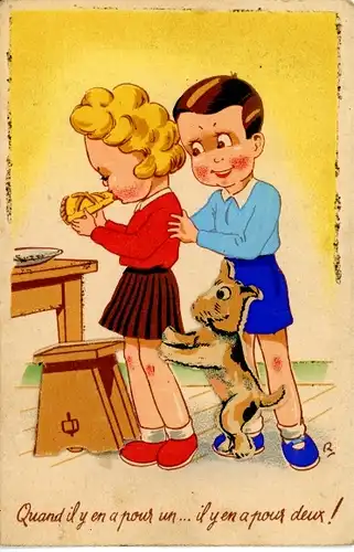 Künstler Ak Mädchen kostet ein Stück Kuchen, Hund