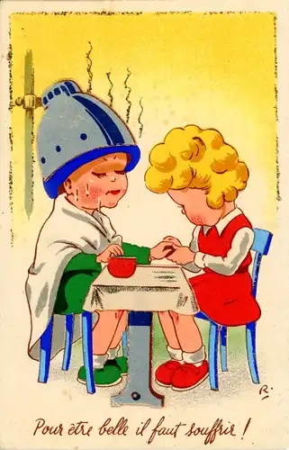 Künstler Ak Um schön zu sein, muss man leiden, Kinder, Friseur, Tisch, Trockenhaube