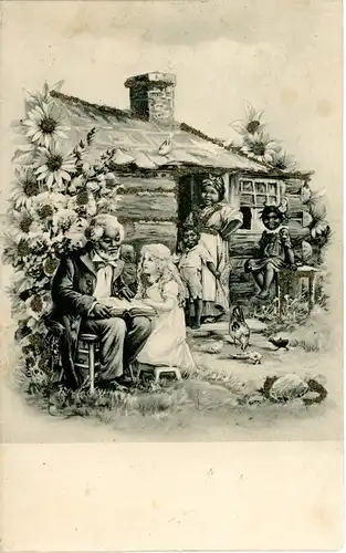 Glitzer Litho Mann liest eine Geschichte vor, Wohnhaus, Blumengarten, Hühner