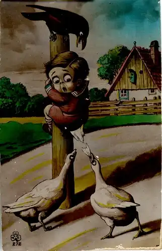 Ak Junge flieht vor Gänse, Schwarze Rabe, Wohnhaus, Vogelhäuschen