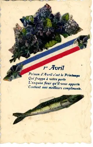 Präge Stoff Ak Glückwunsch 1. April, Fahne aus Stoff, Veilchen, Fisch