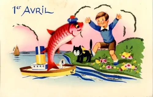 Glitzer Ak Glückwunsch 1. April, Junge und Katze am Ufer, Schiff, Fisch