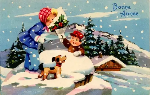 Glitzer Ak Glückwunsch Neujahr, Kinder, Geschenk, Hund, Stechpalme