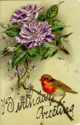 Präge Glitzer Ak Violette Blumen, Vogel, Glückwunsch Geburtstag