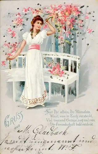 Glitzer Litho Frau in weißem Kleid, Sitzbank, Blühender Baum, Nun Ihr allein, Ihr Blümelein