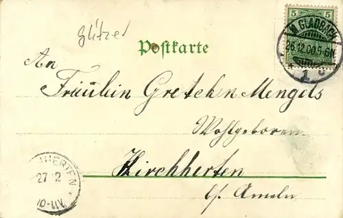 Glitzer Litho Frau in weißem Kleid, Sitzbank, Blühender Baum, Nun Ihr allein, Ihr Blümelein