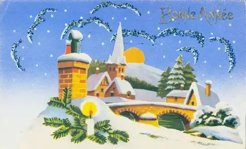 Glitzer Ak Glückwunsch Neujahr, Stadtpartie, Brücke, Fluss, Kerze, Tannenzweig