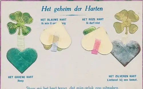 Ak Het geheim der Harten, Het groene Hart, Het blauwe Hart, Het roze Hart, Het zilveren Hart