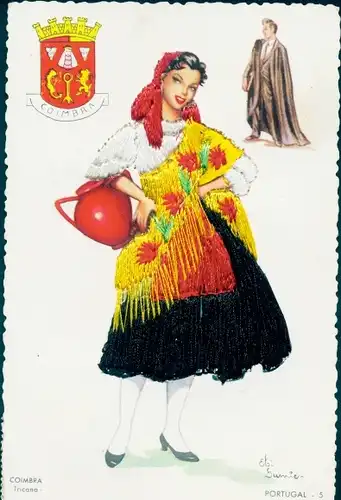 Seidenstick Künstler Ak Frau in portugiesischer Tracht, Coimbra, Wappen, Wasserkrug