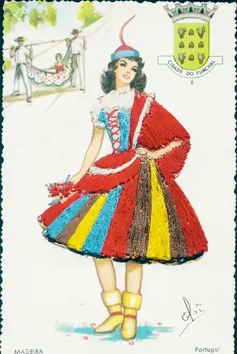 Seidenstick Künstler Ak Frau in portugiesischer Tracht, Madeira, Wappen