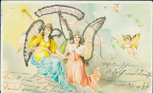 Glitzer Litho Glückwunsch Weihnachten, Engel, Rose, Trompete