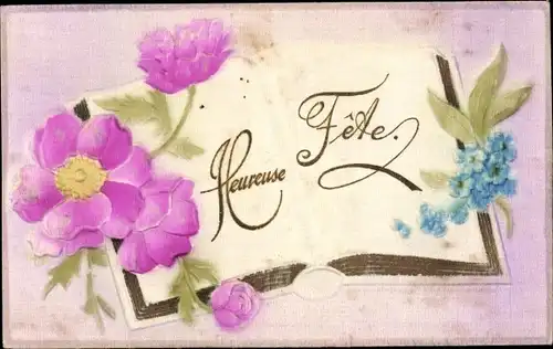 Seiden Ak Glückwunsch, Geöffnetes Buch, Blumen, Vergissmeinnicht