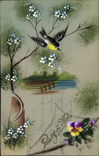Zelluloid Ak Vogel im Flug, Stiefmütterchen, Blühende Bäume