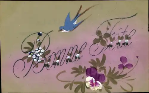 Zelluloid Ak Glückwunsch, Vogel im Flug, Stiefmütterchen