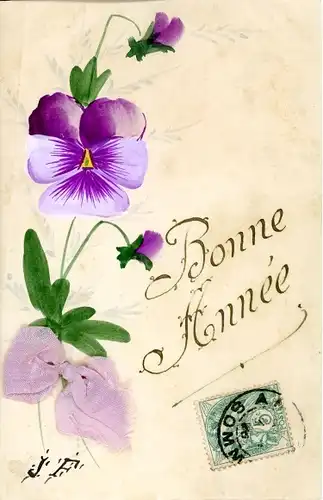 Stoff Ak Glückwunsch Neujahr, Stiefmütterchen, Schleife aus Stoff