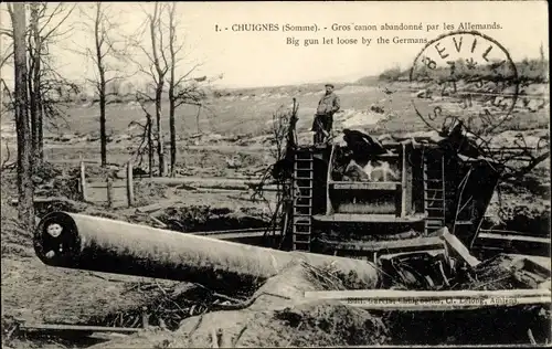 Ak Chuignes Somme, Großes Geschütz, das von den Deutschen zurückgelassen wurde