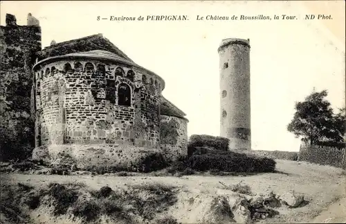 Ak Perpignan Pyrenees Orientales, Das Chateau de Roussillon, der Turm