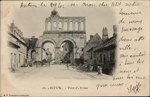 Ak Autun Saône et Loire, Porte D&#39;Arroux, alte Häuser