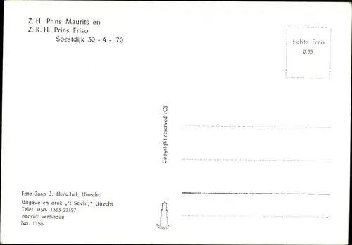 Ak Prins Maurits en Prins Friso, Soestdijk 1970