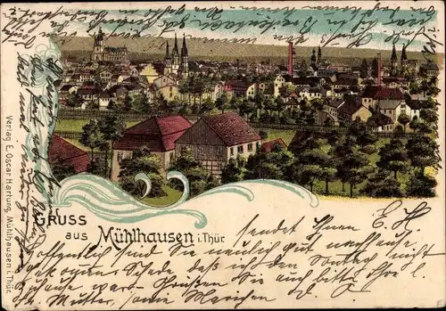 Litho Mühlhausen im Thüringer Unstrut Hainich Kreis, Gesamtansicht der Ortschaft