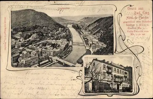 Ak Bad Ems an der Lahn, Hotel de Flandre, Inh. J. Eberz, Panorama