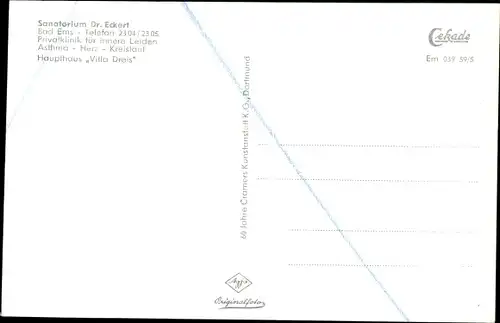 Ak Bad Ems an der Lahn, Sanatorium Dr. Eckert, Haupthaus Villa Dreis