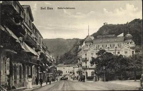 Ak Bad Ems an der Lahn, Bahnhofstraße, Hotel Guttenberg