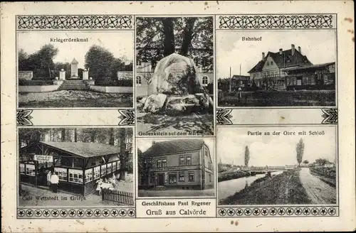 Ak Calvörde im Landkreis Börde, Bahnhof, Geschäftshaus, Cafe Wettstedt im Grieps