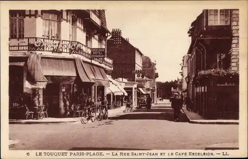 Ak Le Touquet Paris Plage Pas de Calais, La Rue Saint Jean et le Cafe Excelsior