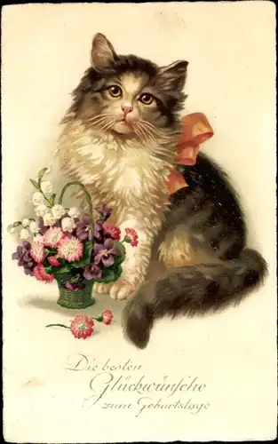 Ak Glückwunsch Geburtstag, Katze, Korb mit Blumen