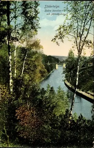 Ak Södertelge Schweden, Södra kanalen och järnvägsbron
